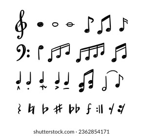 Music Note Doodle Style Musical Melody Elements Black Thin Line Icon Set. Vector illustration of Clef and Crotchet