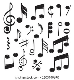 Music note. Doodles sketch musical vector hand drawn pictures isolated