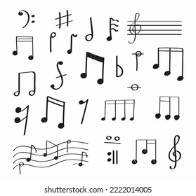 Music note element vector set in doodle style. Music book, melody illustration