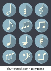 Diseño plano de notas musicales en ilustración vectorial de fondo oscuro