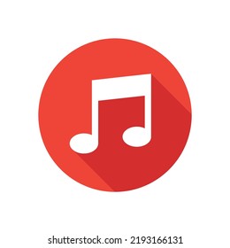 Music note flat icon on round button in long shadow style.
