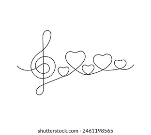 Music note in form heart and treble clef, continuous one art line drawing. Music is love concept. Hand drawn doodle sketch. Vector illustration