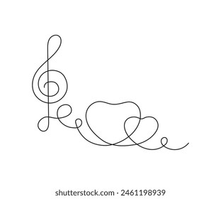 Music note in form heart and treble clef, continuous one art line drawing. Music is love concept. Hand drawn doodle sketch. Vector illustration