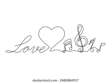 	
Nota musical en forma de corazón y clave de agudos, dibujo continuo de una línea de arte. La música es concepto de amor. Dibujado a mano doodle sketch. Ilustración vectorial