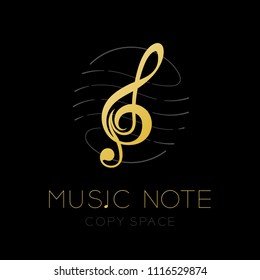 Music note gold color with dash line staff circle shape frame, logo icon set design illustration isolated on black background with Music note text and copy space