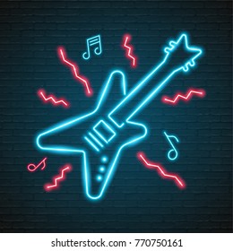 Music Note and Guitar Symbol Neon Light Glowing Vector Illustration Blue and Red Colour Design 