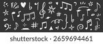 Music note hand drawn set. Cute music icon, melody sign, and sound symbol in kid crayon chalk sketch style. Cartoon texture, playful art decoration on chalkboard background. Vector illustration