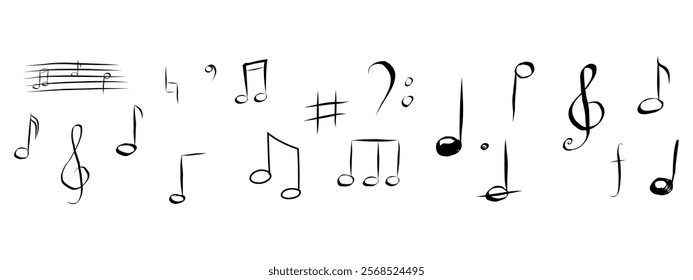 Music note hand drawn sketch silhouette, cute doodle melody. Line music elements. Simple marks, sound.