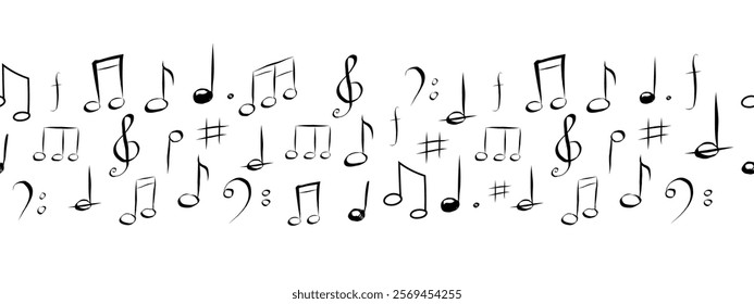 Music note hand drawn sketch silhouette, cute doodle melody. Line music seamless border elements. Simple marks, sound.