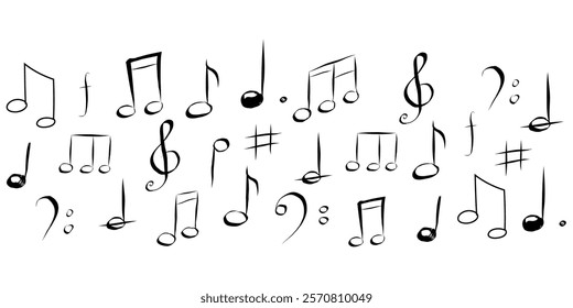 Music note hand drawn sketch silhouette, cute doodle melody. Line music seamless border elements. Simple marks, sound.