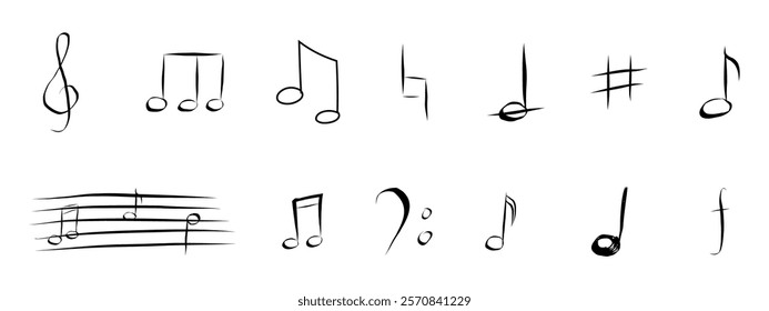 Music note hand drawn sketch silhouette, cute doodle melody. Line music elements. Simple marks, sound.