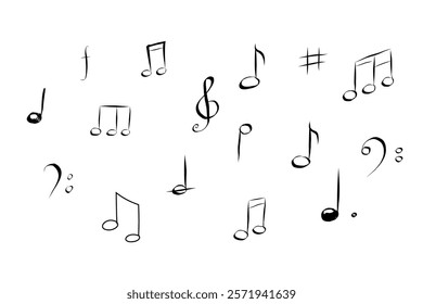 Music note hand drawn sketch silhouette, cute doodle melody. Line music elements. Simple marks, sound.