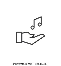 Music note in hand outline icon. linear style sign for mobile concept and web design. Hand hold musical note simple line vector icon. Share music symbol, logo illustration. Vector graphics