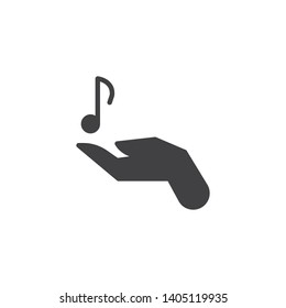 Music note in hand vector icon. filled flat sign for mobile concept and web design. Hand hold musical note glyph icon. Symbol, logo illustration. Vector graphics