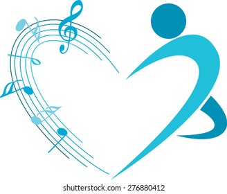 music note with heart shape and dancer icon