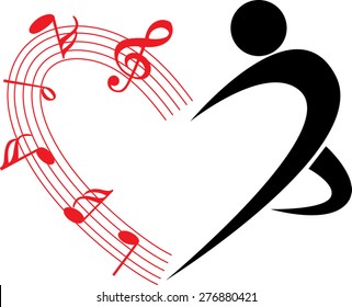 music note with heart shape and dancer icon