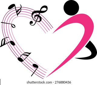 music note with heart shape and dancer icon