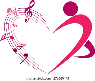 music note with heart shape and dancer icon