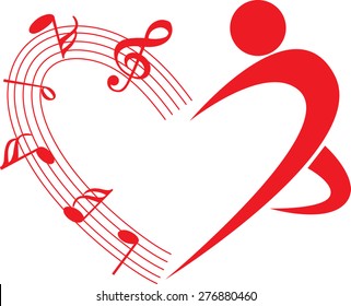 music note with heart shape and dancer icon