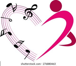 music note with heart shape and dancer icon