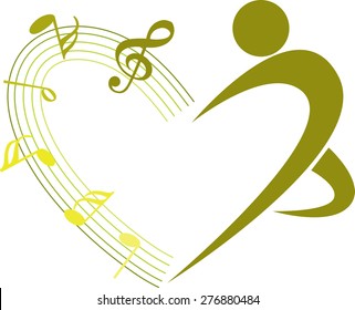 music note with heart shape and dancer icon