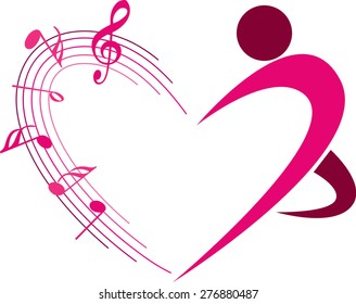 music note with heart shape and dancer icon