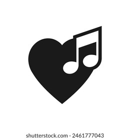 Music note and heart shape. Love song icon flat style isolated on white background. Vector illustration