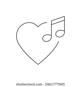 Nota musical y forma del corazón. Estilo de línea de icono de canción de amor aislado sobre fondo blanco. Ilustración vectorial