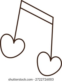 Nota musical com extremidades em forma de coração desenhadas em linha suave e contorno limpo. Romance, melodia, paixão e amor por música e som se fundem em um gráfico simbólico. Ilustração de vetor de desenhos animados.