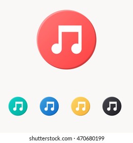 music note icon or button in flat style with long shadow, isolated vector illustration on transparent background