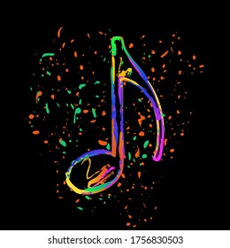 Music note icon. Colored ink with splashes on black background