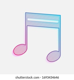 Icono de nota musical. Logo coloreado con líneas diagonales y degradado azul-rojo. Gráfico neón, efecto ligero