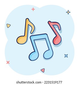 Music note icon in comic style. Song cartoon vector illustration on white isolated background. Musician splash effect sign business concept.