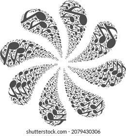 Musiknotiz Symbol curl Cluster Turbinen Feuerwerk Form. Turbinenwirbel, die mit verstreuten Notenartikeln entworfen wurden.