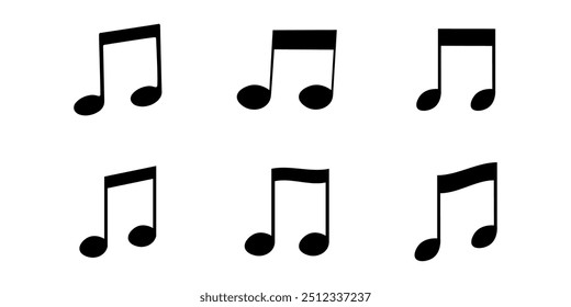 Ícone de nota de música formas diferentes, conjunto de símbolos musicais pretos, ilustração vetorial.
