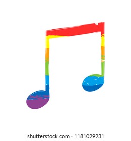 Music note icon. Drawing sign with LGBT style, seven colors of rainbow (red, orange, yellow, green, blue, indigo, violet