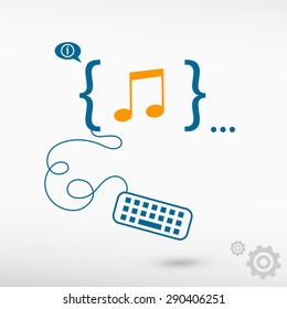 Music note icon and flat design elements. Design concept icons for application development, web page coding and programming,  web design, creative process, social media, seo.