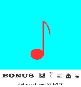 Music note icon flat. Red pictogram on blue background. Vector illustration symbol and bonus buttons Music center, corkscrew, credit card, house, drum