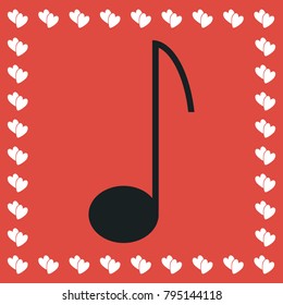 Music note icon flat. Simple black pictogram on red background with white hearts for valentines day. Vector illustration symbol