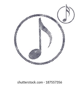 Music note icon with halftone dots print texture. Macro newspaper style vector symbol. 2 versions set.