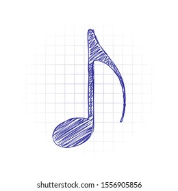 Music note icon. Hand drawn sketched picture with scribble fill. Blue ink. Doodle on white background