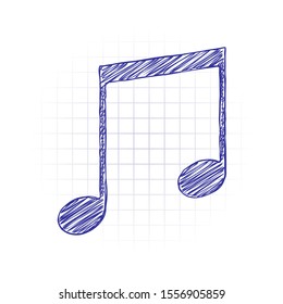 Music note icon. Hand drawn sketched picture with scribble fill. Blue ink. Doodle on white background