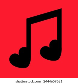 Music note icon. Heart shape sign symbol. Black silhouette. Song, melody or tune. Love greeting card, banner, invitation template. Happy Valentines Day. Flat design. Red background. Isolated. Vector