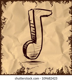 Music note icon isolated on vintage background. Hand drawing sketch vector illustration