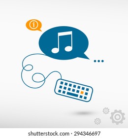 Music note icon and keyboard on chat speech bubbles. Line icons for application and creative process.