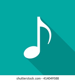 Music note icon with long shadow. Flat design style. Eighth note silhouette. Simple icon. Modern flat icon in stylish colors. Web site page and mobile app design vector element.