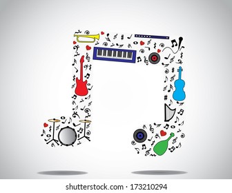 music note icon made up of different musical instruments and notes with a bright white background : concept design vector illustration unusual art