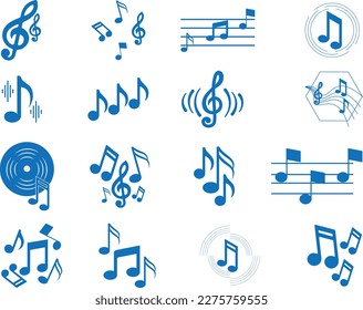 Music note icon, musical note icon set of 16 icons blue vector