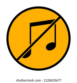 Music note icon. not allowed, black object in warning sign with orange background color