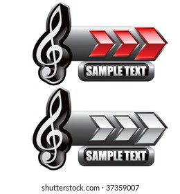 music note icon on red and white arrow banners